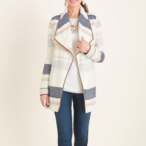 Chico’s Plush Stripped Blanket Trench Coat Sz 1 (8-10) Navy, Tan, Cream  NWOT